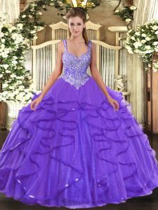 Straps Sleeveless Lace Up Ball Gown Prom Dress Lavender Tulle