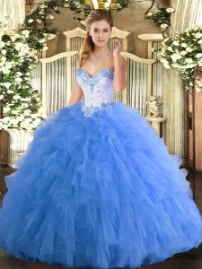 Hot Selling Sweetheart Sleeveless Quinceanera Dresses Floor Length Beading and Ruffles Baby Blue Tulle