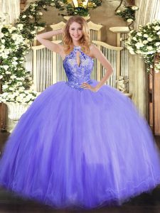 Sleeveless Floor Length Beading Lace Up Quinceanera Gown with Lavender