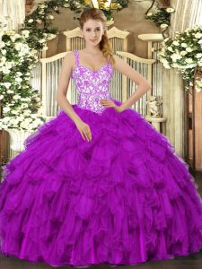 Romantic Fuchsia Ball Gowns Organza Straps Sleeveless Beading and Appliques and Ruffles Floor Length Lace Up 15 Quinceanera Dress