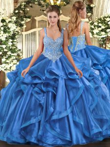 Straps Sleeveless Sweet 16 Dress Floor Length Beading and Ruffles Blue Organza