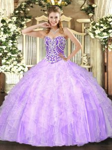 Floor Length Lavender Quinceanera Gown Tulle Sleeveless Beading and Ruffles