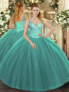 Captivating Turquoise V-neck Lace Up Beading 15th Birthday Dress Sleeveless