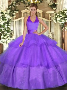 Halter Top Sleeveless Tulle Quinceanera Dress Ruffled Layers Lace Up