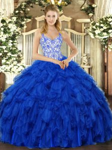 High End Royal Blue Sleeveless Floor Length Beading and Ruffles Lace Up Sweet 16 Dress