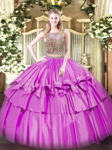 Extravagant Lilac Organza and Taffeta Lace Up Scoop Sleeveless Floor Length Quinceanera Gowns Beading and Ruffled Layers