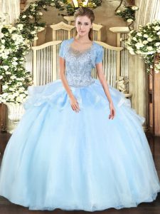 Aqua Blue Ball Gowns Beading Ball Gown Prom Dress Clasp Handle Organza and Tulle Sleeveless Floor Length