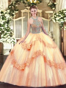 Custom Made Peach Sleeveless Beading and Appliques Floor Length Quince Ball Gowns