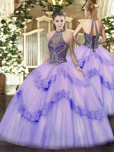 Romantic Ball Gowns Vestidos de Quinceanera Lavender Halter Top Tulle Sleeveless Floor Length Lace Up