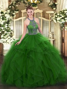 Free and Easy Sleeveless Tulle Floor Length Lace Up 15 Quinceanera Dress in Green with Beading and Ruffles