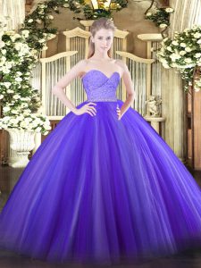 Sleeveless Tulle Floor Length Zipper Quinceanera Gown in Lavender with Beading and Lace