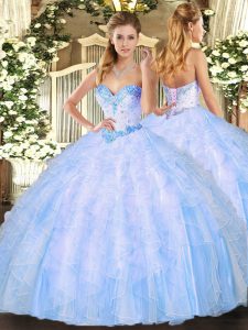 Sleeveless Floor Length Beading and Ruffles Lace Up Quince Ball Gowns with Light Blue