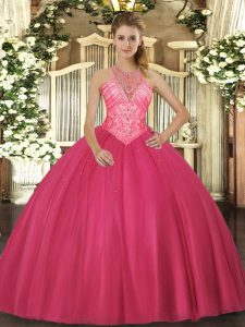 Modern Sleeveless Floor Length Beading Lace Up 15th Birthday Dress with Hot Pink