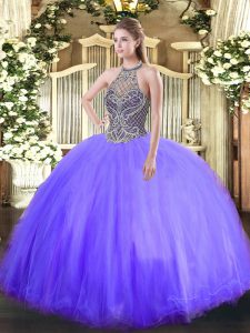 Halter Top Sleeveless Quinceanera Dress Floor Length Beading Lavender Tulle