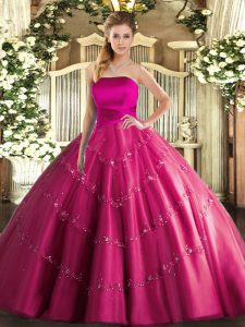 Extravagant Hot Pink Ball Gowns Tulle Strapless Sleeveless Appliques Floor Length Lace Up Sweet 16 Dresses