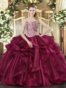 Perfect Wine Red Sleeveless Floor Length Beading and Ruffles Lace Up 15 Quinceanera Dress