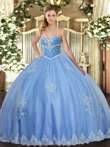 Decent Blue Lace Up Sweetheart Beading and Appliques Quinceanera Dress Tulle Sleeveless