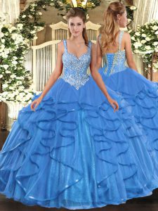 Baby Blue Straps Lace Up Beading and Ruffles Quinceanera Dresses Sleeveless