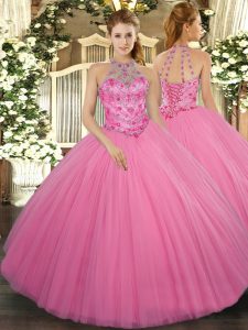 Unique Ball Gowns 15th Birthday Dress Rose Pink Halter Top Tulle Sleeveless Floor Length Lace Up