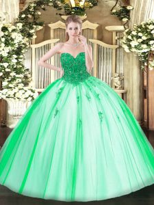 Sleeveless Floor Length Beading Lace Up Quinceanera Gowns with Turquoise