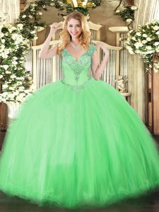 Pretty Apple Green V-neck Neckline Beading Quinceanera Dress Sleeveless Lace Up