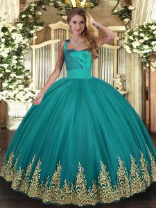 Pretty Turquoise Lace Up Sweet 16 Dresses Appliques Sleeveless Floor Length