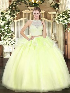 Perfect Yellow Green Sleeveless Tulle Zipper Sweet 16 Quinceanera Dress for Military Ball and Sweet 16 and Quinceanera