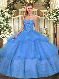 Baby Blue Ball Gowns Tulle Sweetheart Sleeveless Beading and Ruffled Layers Floor Length Lace Up 15th Birthday Dress