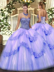 Lavender Tulle Lace Up Sweetheart Sleeveless Floor Length 15 Quinceanera Dress Beading and Appliques and Ruffles