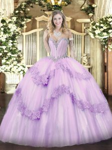 Floor Length Lace Up Quinceanera Dress Lavender for Military Ball and Sweet 16 and Quinceanera with Beading and Appliques