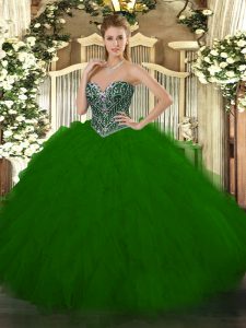 Green Ball Gowns Tulle Sweetheart Sleeveless Beading and Ruffles Floor Length Lace Up Ball Gown Prom Dress