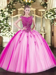 Floor Length Lace Up Quinceanera Gown Fuchsia for Sweet 16 and Quinceanera with Beading and Appliques