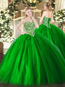 Sleeveless Floor Length Beading Lace Up Sweet 16 Quinceanera Dress with Green