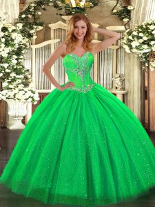 Stylish Green Ball Gowns Beading Quinceanera Gowns Lace Up Tulle and Sequined Sleeveless Floor Length