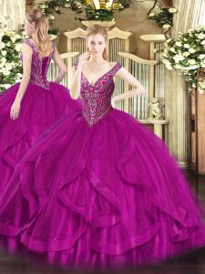 Affordable Fuchsia Sweet 16 Dress Military Ball and Sweet 16 and Quinceanera with Beading and Ruffles V-neck Sleeveless Lace Up