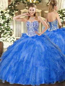 Flirting Blue Ball Gowns Beading and Ruffles Sweet 16 Quinceanera Dress Lace Up Tulle Sleeveless Floor Length