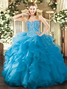 Cute Aqua Blue Sweetheart Lace Up Beading and Ruffles Sweet 16 Dresses Sleeveless