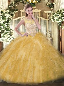 Chic Gold Ball Gowns Beading and Ruffles Quinceanera Dresses Zipper Organza Sleeveless Floor Length