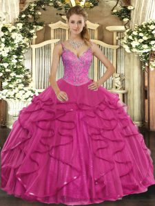 Sumptuous Floor Length Lace Up Quince Ball Gowns Hot Pink for Military Ball and Sweet 16 and Quinceanera with Beading and Ruffles