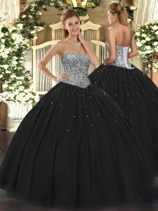 Excellent Black Tulle Lace Up Sweet 16 Dress Sleeveless Floor Length Beading