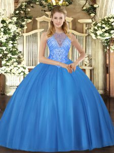 Fabulous Baby Blue Tulle Lace Up 15th Birthday Dress Sleeveless Floor Length Beading