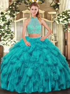 Halter Top Sleeveless Criss Cross 15 Quinceanera Dress Turquoise Organza