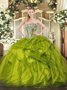 Exceptional Organza Strapless Sleeveless Lace Up Beading and Ruffled Layers Sweet 16 Dress in Olive Green