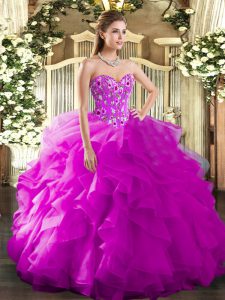 Fuchsia Lace Up Quinceanera Dress Embroidery and Ruffles Sleeveless Floor Length