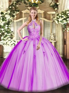 Tulle Halter Top Sleeveless Lace Up Lace and Appliques Quince Ball Gowns in Fuchsia