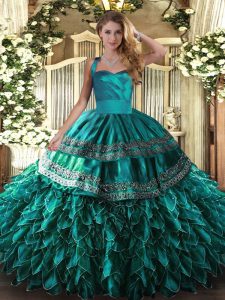 Elegant Turquoise Lace Up Halter Top Embroidery and Ruffles Sweet 16 Dress Organza Sleeveless