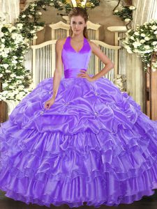 Sleeveless Organza Floor Length Lace Up Quinceanera Dresses in Lavender with Ruffled Layers and Pick Ups