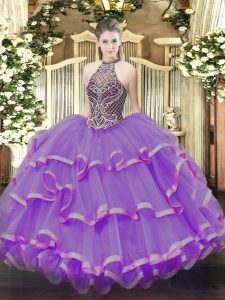 Eggplant Purple Organza Lace Up Halter Top Sleeveless Sweet 16 Dresses Beading and Ruffles