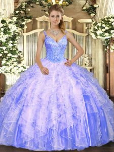 Sleeveless Tulle Floor Length Lace Up Quinceanera Dresses in Lavender with Beading and Ruffles