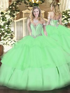 Apple Green Quince Ball Gowns Military Ball and Sweet 16 and Quinceanera with Beading and Ruffled Layers Sweetheart Sleeveless Lace Up